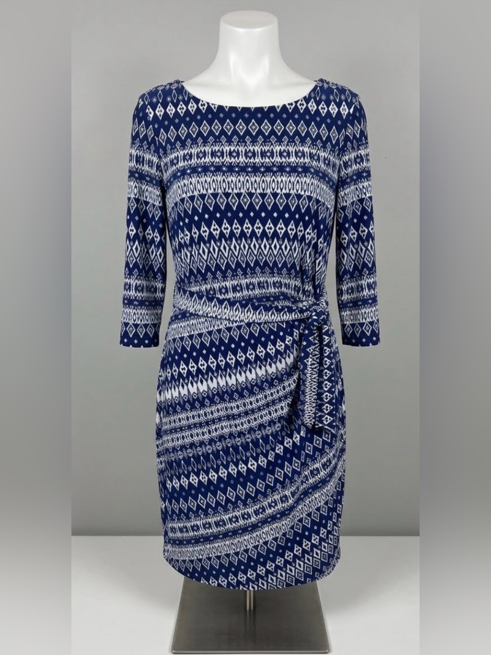Tahari Blue Geo Printed Faux Wrap Sheath Lined Dress